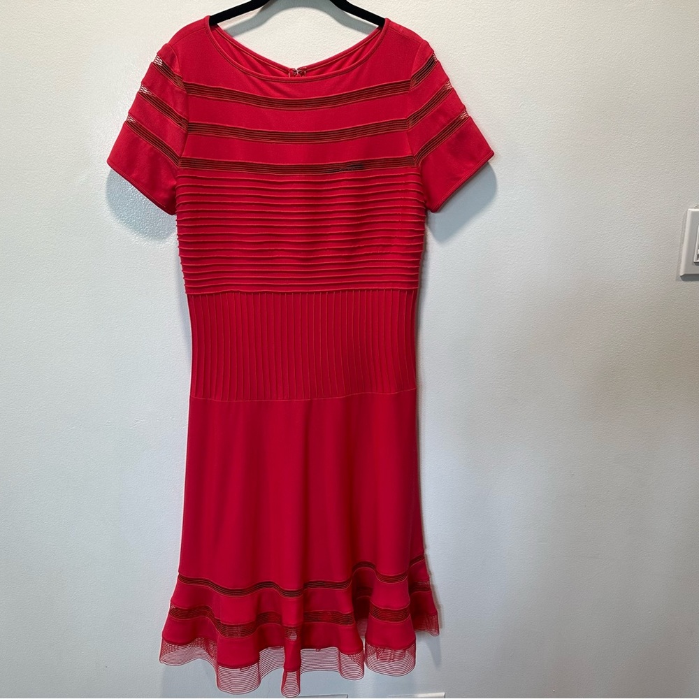 Tadashi Shoji Pintuck Pleated Ribbed Jersey Cutout Mesh Dress Womens Size Large